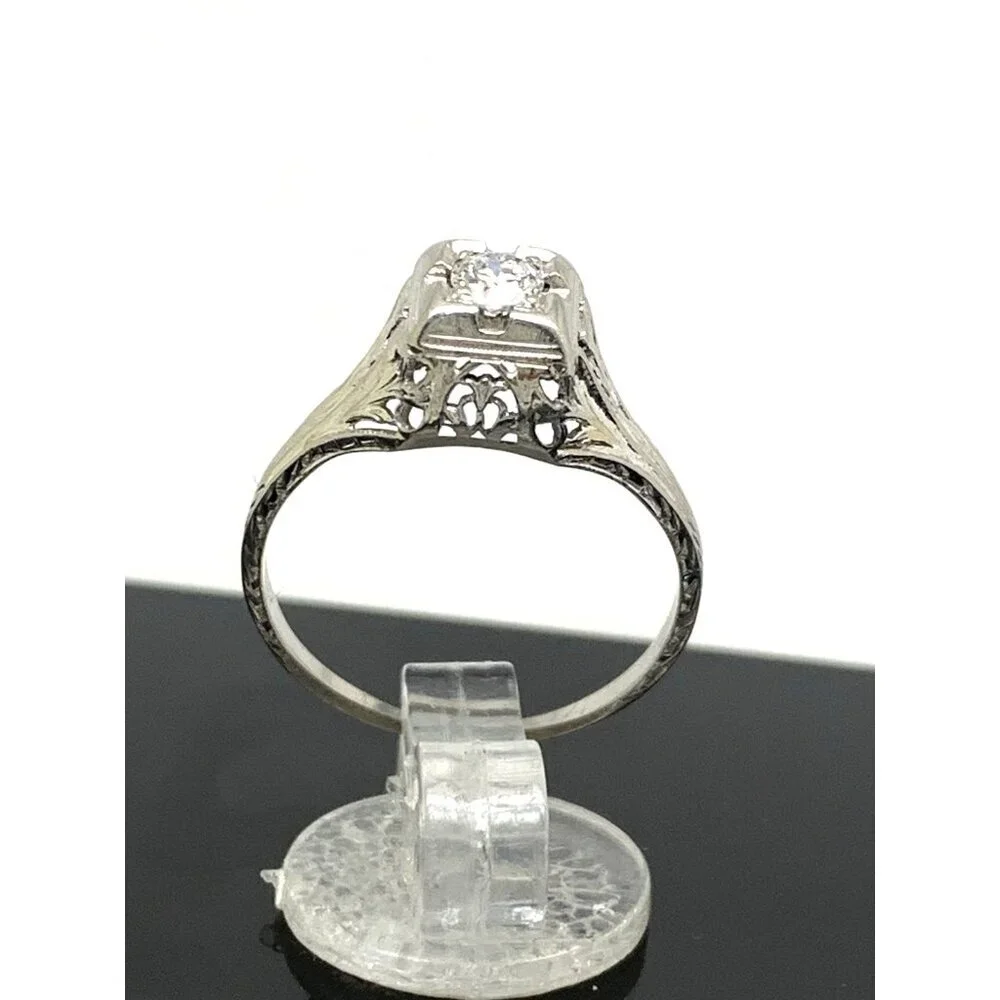 18k White Gold Filigree Diamond Ring 0.25 Carat Antique Estate Jewelry Size 7